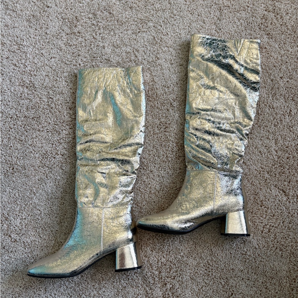 Metallic Gold Mid-Calf Block Heel Women's Boots